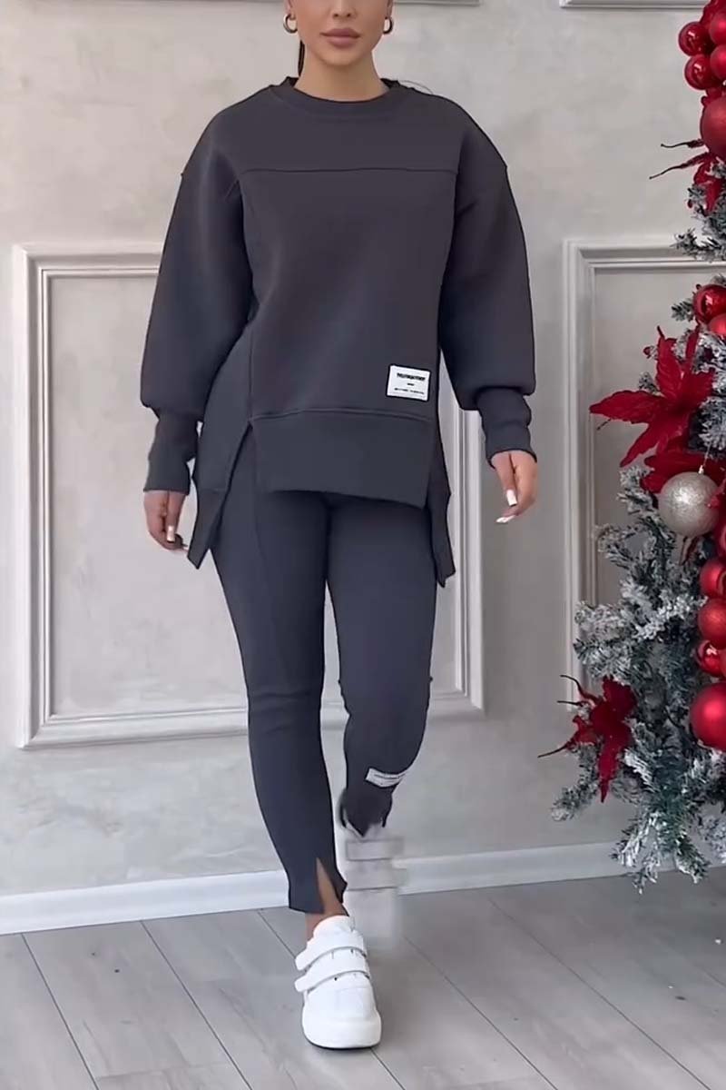Color Round Neck Long Sleeve Slit Hem Sweatshirt Leggings Set