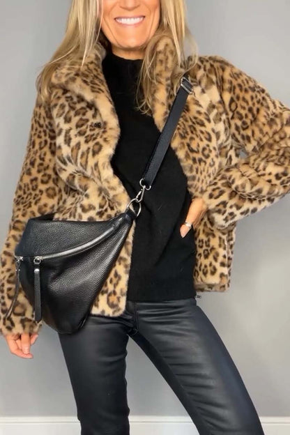 Fashionable Leopard Print Lapel Faux Fur Winter Short Coat