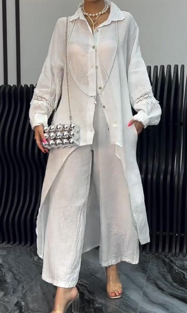 Linen Back Cut-out Shirt and Trousers Two-piece Set