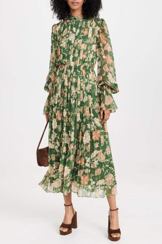 Chiffon V-neck Pleat Midi Dress