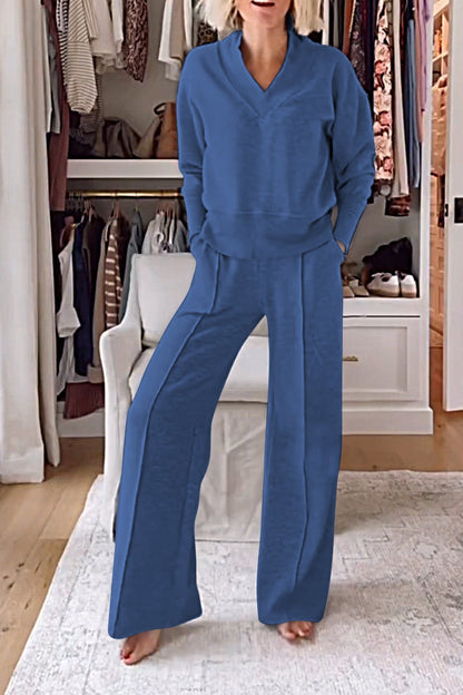 Color V-neck Top & Pants Two-piece Set