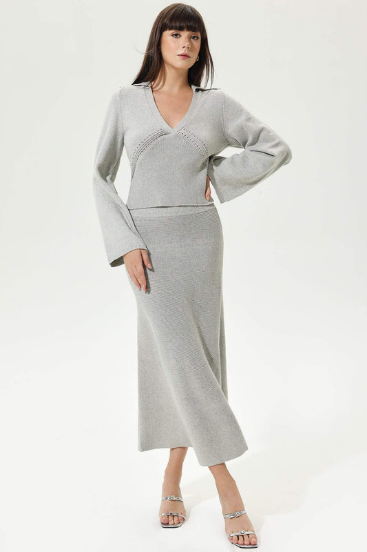 Flared Sleeve V-neck Sweater Half Dress Two-piece Set Grey