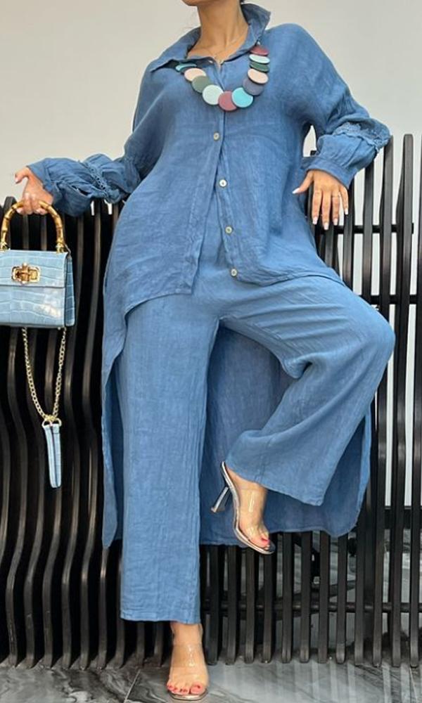 Linen Back Cut-out Shirt and Trousers Two-piece Set