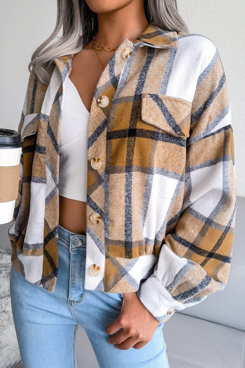 Plaid Lantern Long Sleeve Woolen Coat