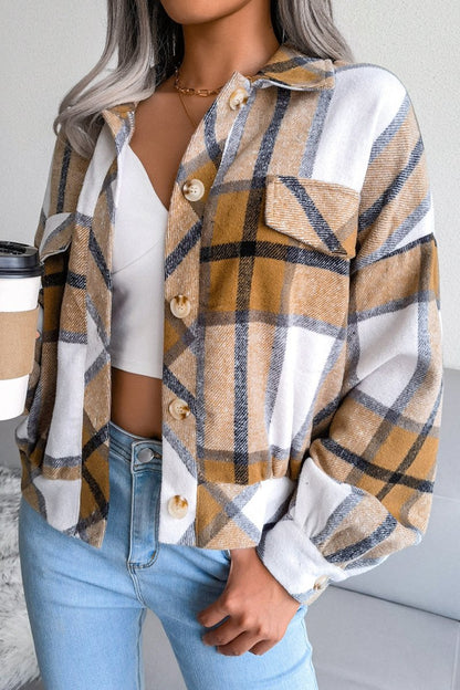 Plaid Lantern Long Sleeve Woolen Coat