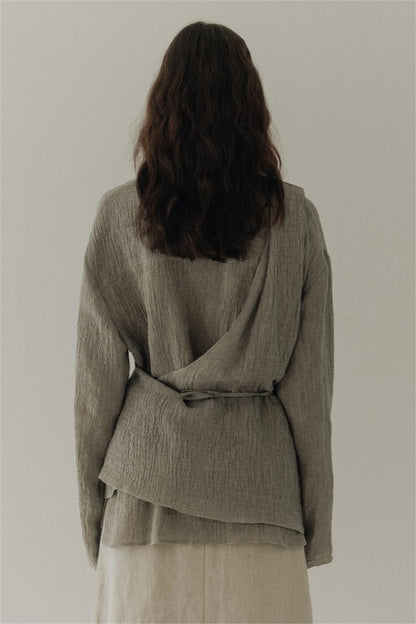 Wrapover A-button Cardigan Linen Shirt Grey
