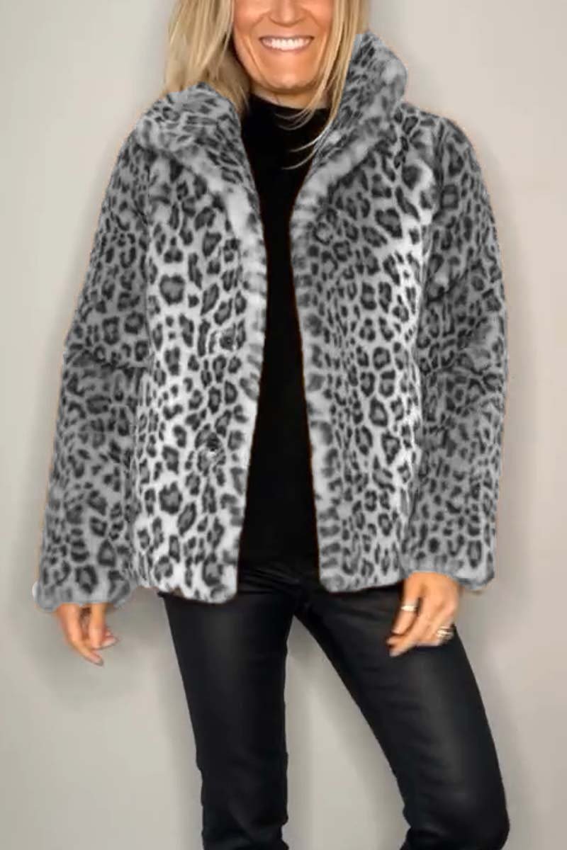 Fashionable Leopard Print Lapel Faux Fur Winter Short Coat
