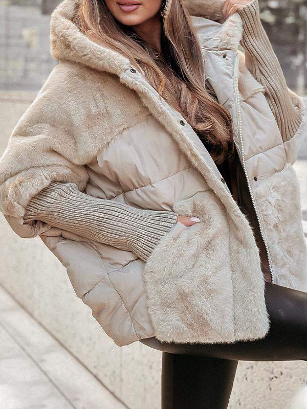 Hooded Long-sleeved Fur Patchwork Winter Coat