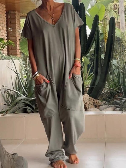 V-neck Color Jumpsuit