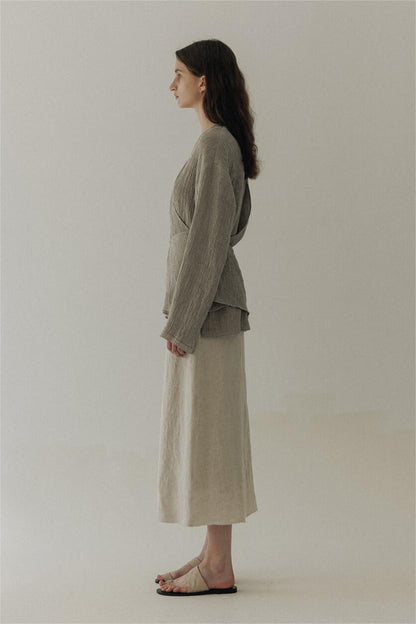 Wrapover A-button Cardigan Linen Shirt Grey