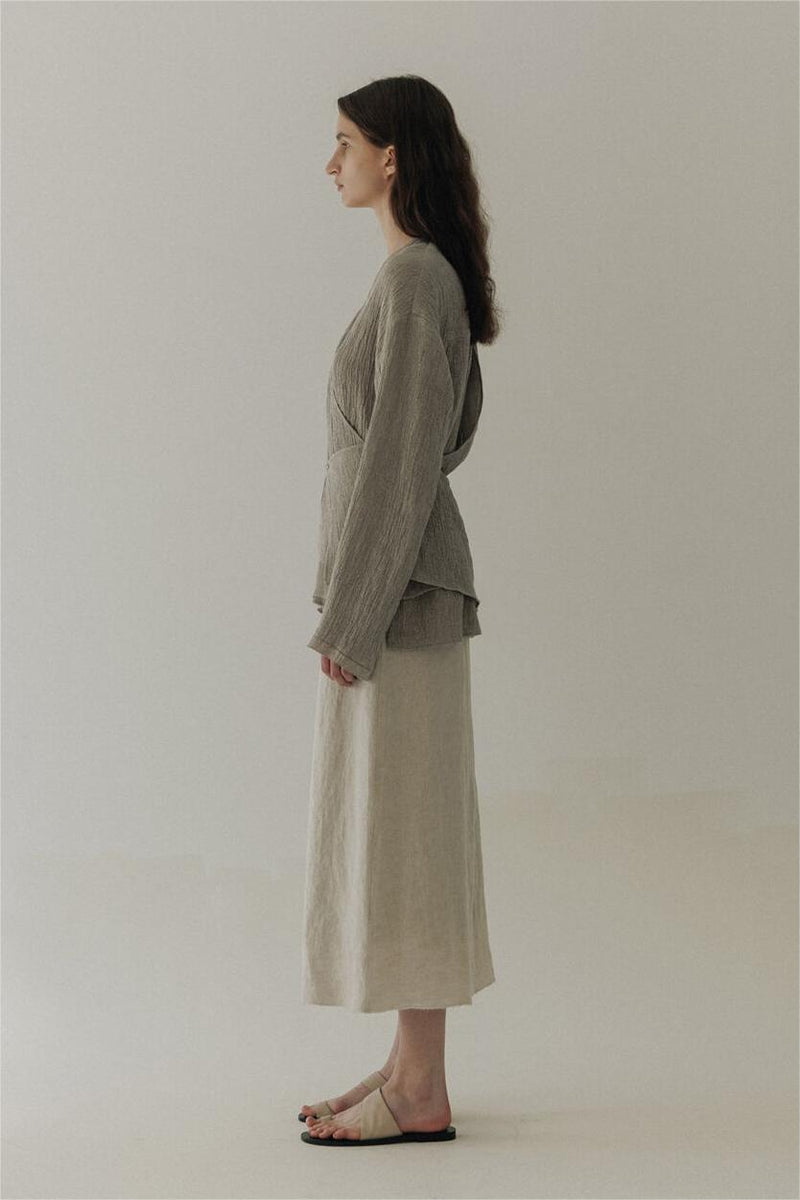Wrapover A-button Cardigan Linen Shirt Grey