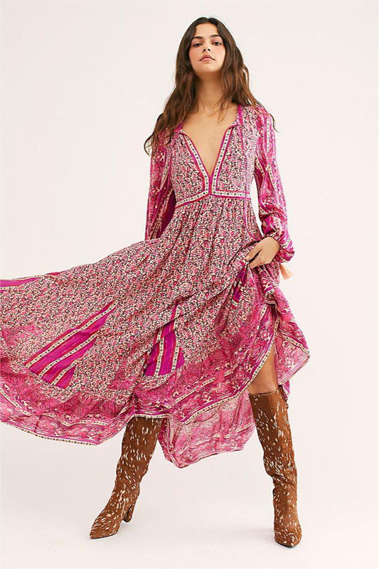 V-neck Long Sleeve Maxi Dress