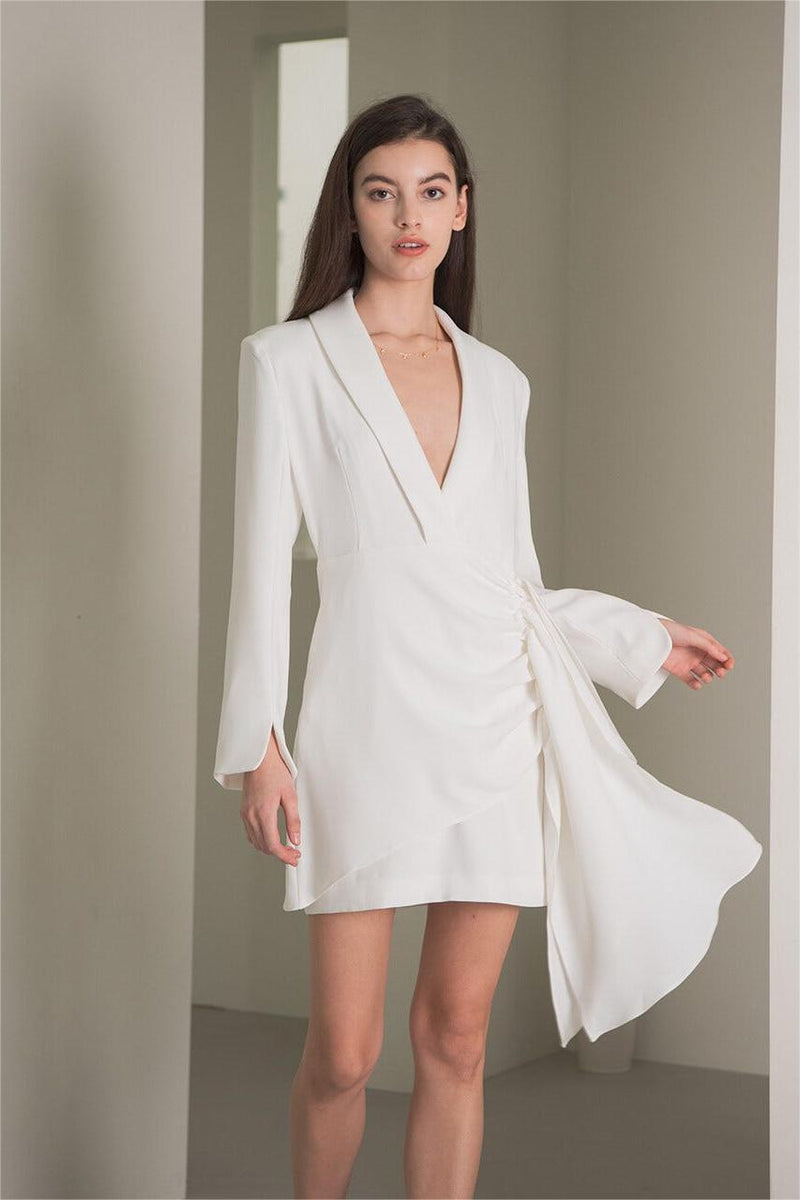 Long Sleeves V-neck Smocked Elastic Mini Dress White