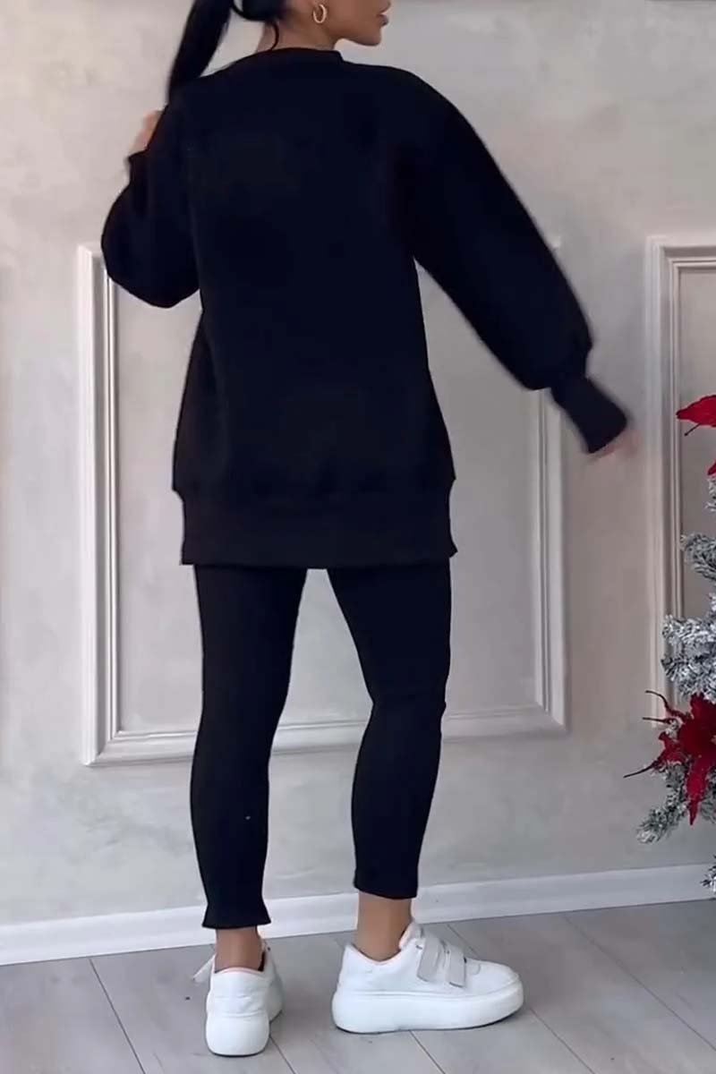 Color Round Neck Long Sleeve Slit Hem Sweatshirt Leggings Set