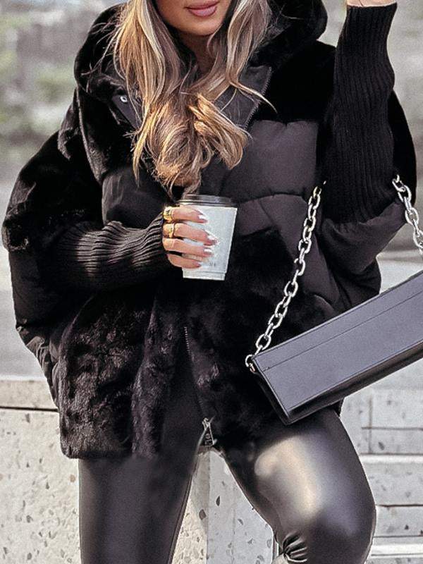 Hooded Long-sleeved Fur Patchwork Winter Coat