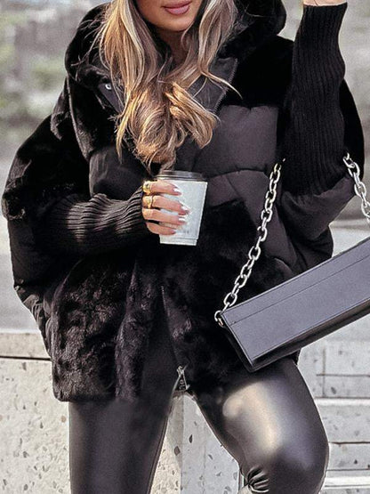 Hooded Long-sleeved Fur Patchwork Winter Coat