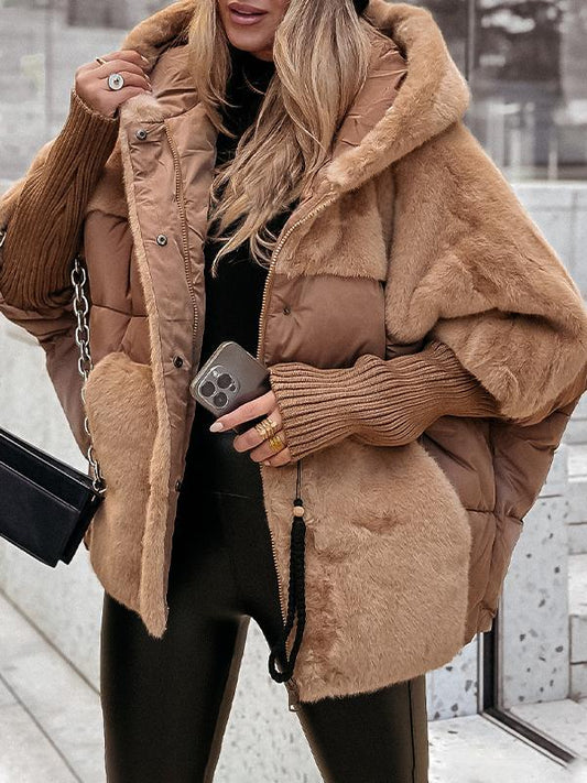 Hooded Long-sleeved Fur Patchwork Winter Coat