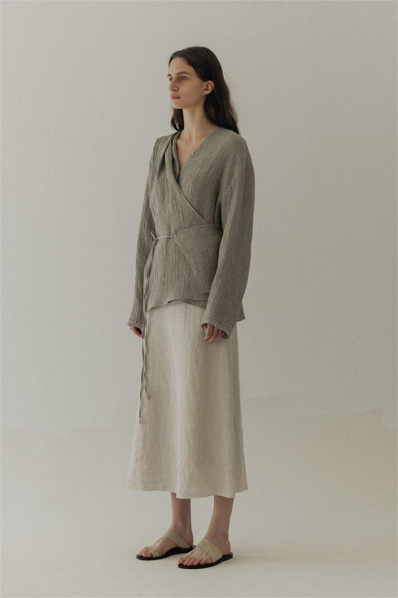 Wrapover A-button Cardigan Linen Shirt Grey