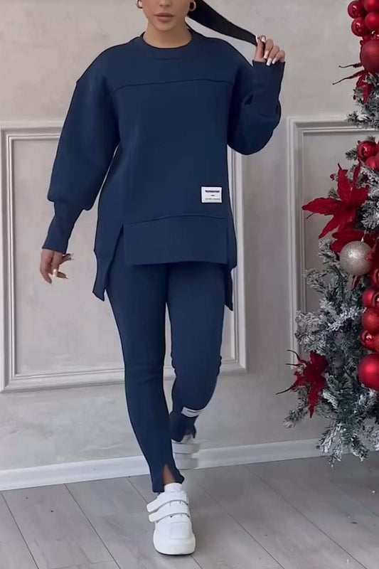Color Round Neck Long Sleeve Slit Hem Sweatshirt Leggings Set