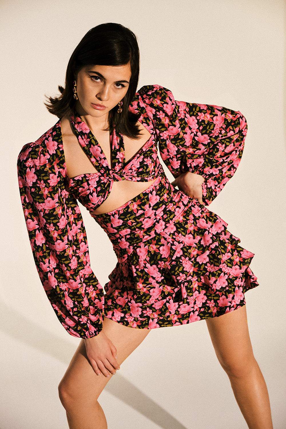 Pleated Ruffle Cut-out Mini Dress