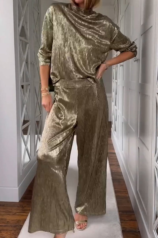 Metallic Fabric Stand Collar Top and Pants Two-piece Set