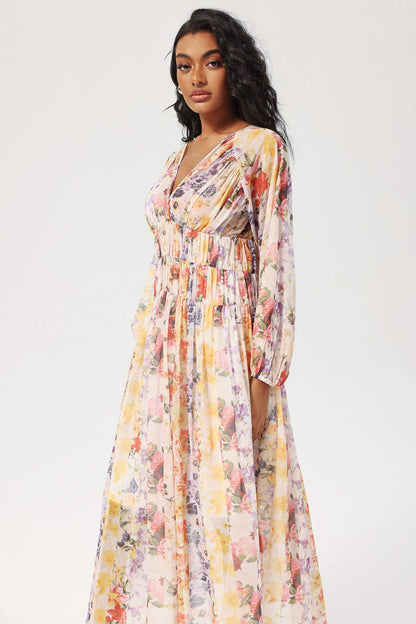 V-neck Lantern Sleeve Midi Dress