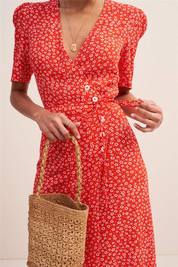 Short Sleeve V-neck Midi Dress