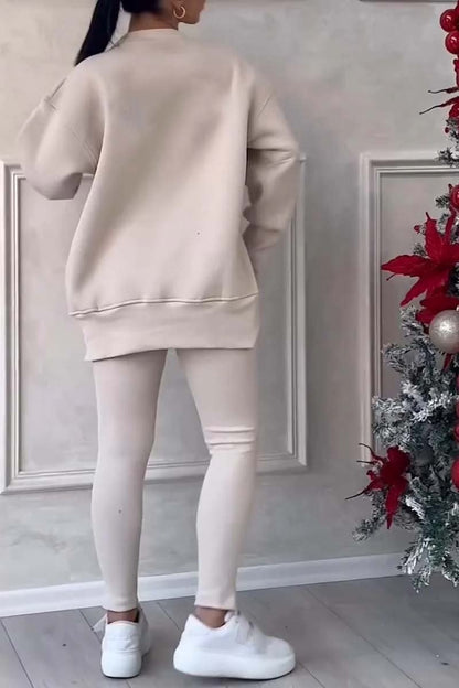 Color Round Neck Long Sleeve Slit Hem Sweatshirt Leggings Set