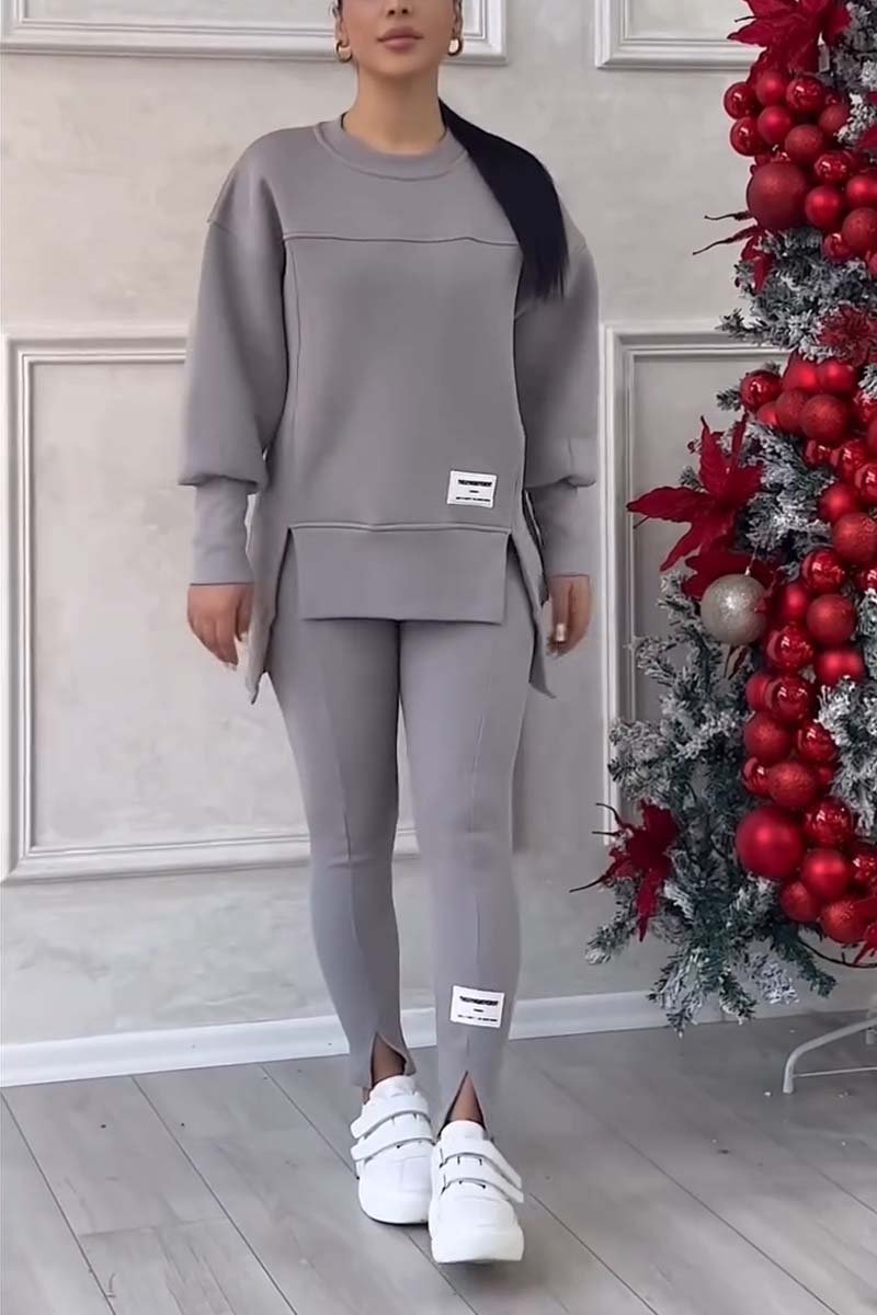 Color Round Neck Long Sleeve Slit Hem Sweatshirt Leggings Set