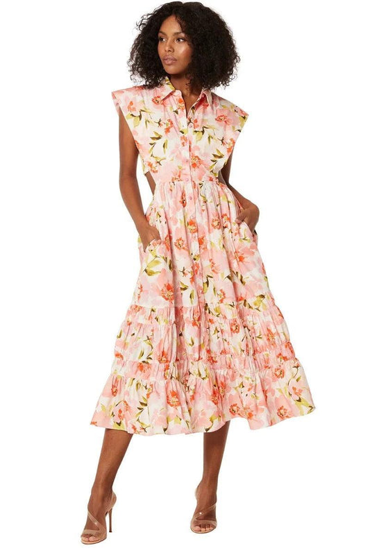 Lapel Collar Buckle Smocked Elastic Midi Dress
