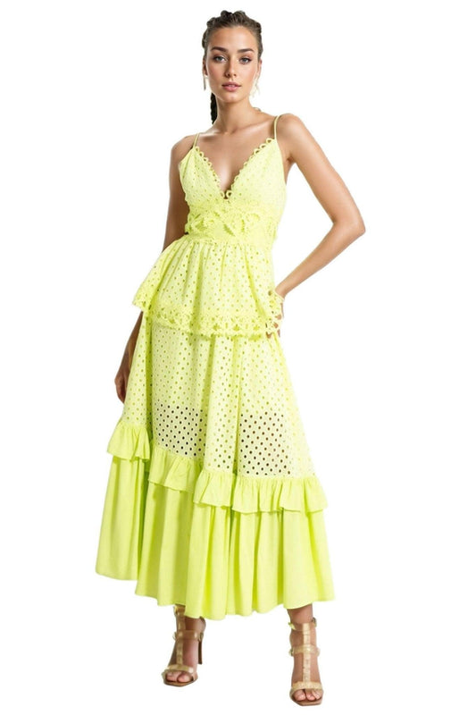 Polka Dot Embroidery Ruffle Slip Maxi Dress