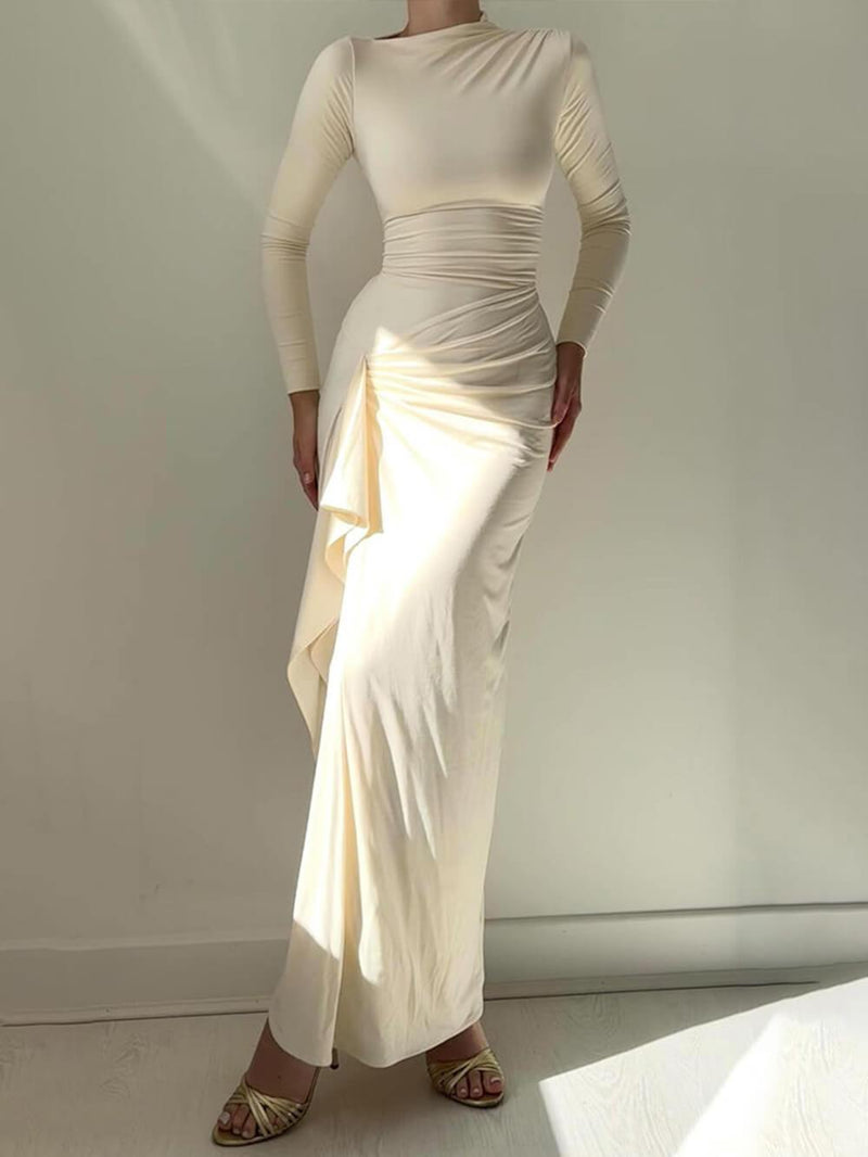 Ruched Side Slit Drape Ruffles Back Lace-up Stretch Maxi Dress