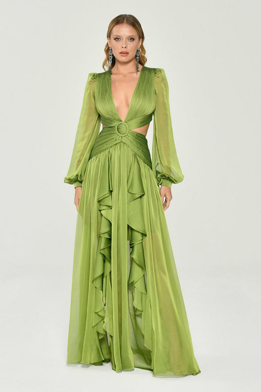 V-neck Ruffle Split Lantern Sleeve Maxi Dress