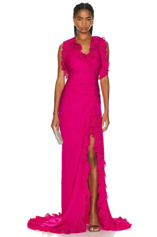 V-neck Sleeveless Backless Slit Ruffle Hem Maxi Dress