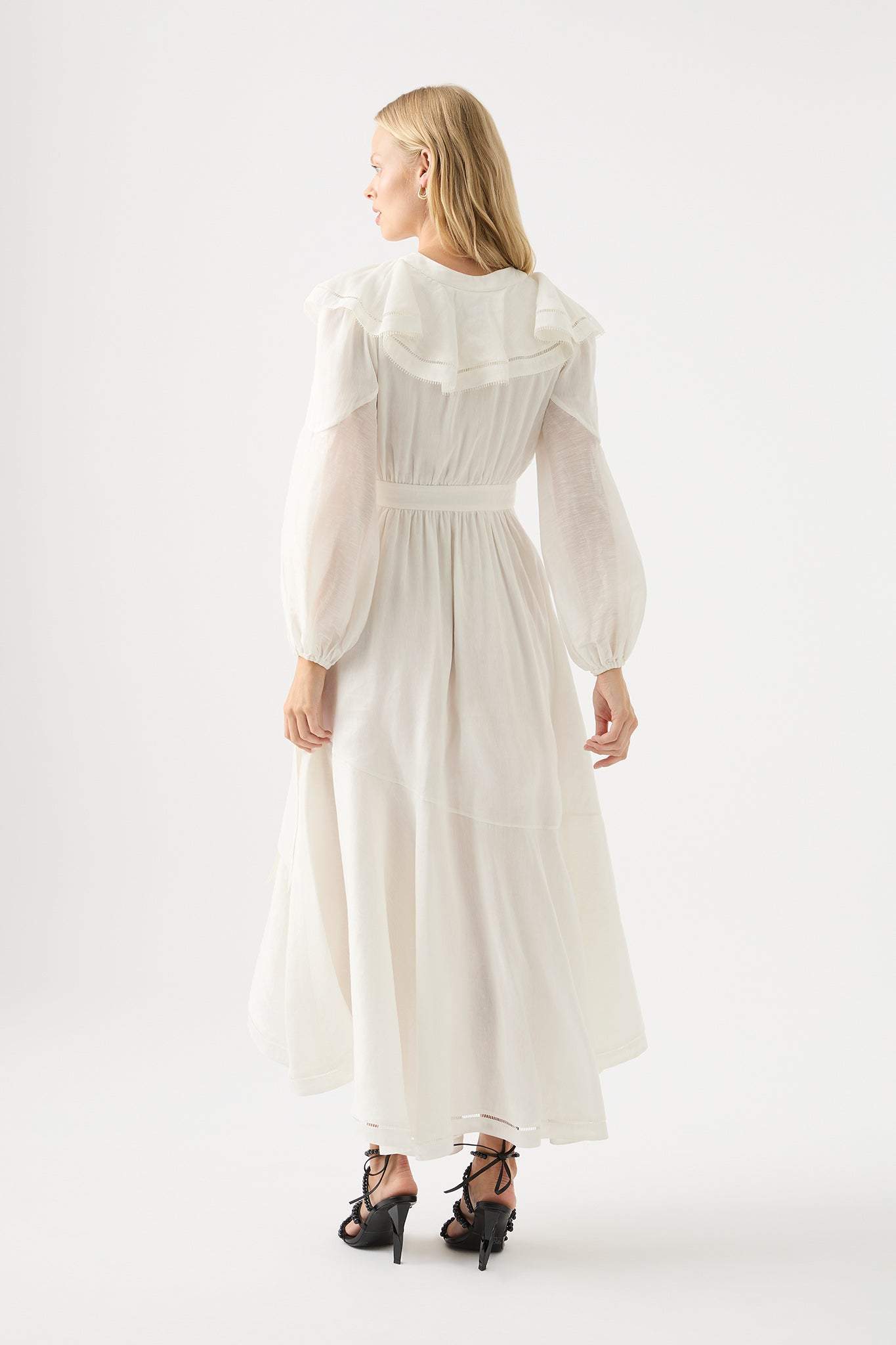 White Long Sleeve V-neck Asymmetric Ruffle Hem Midi Dress