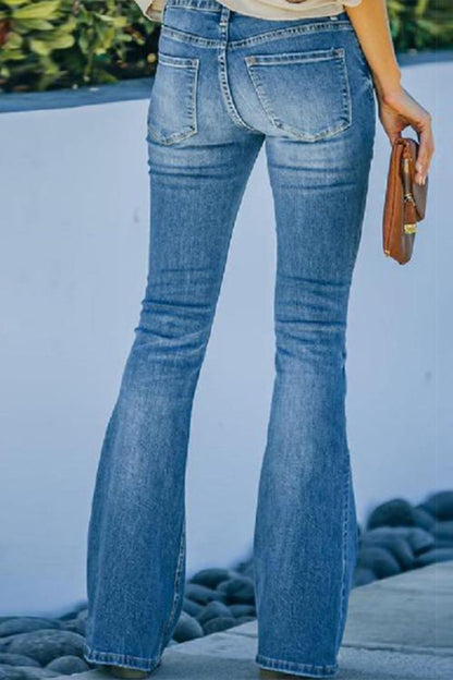Slim Fit Long Pants Multi-button Flared Pants Washed Jeans
