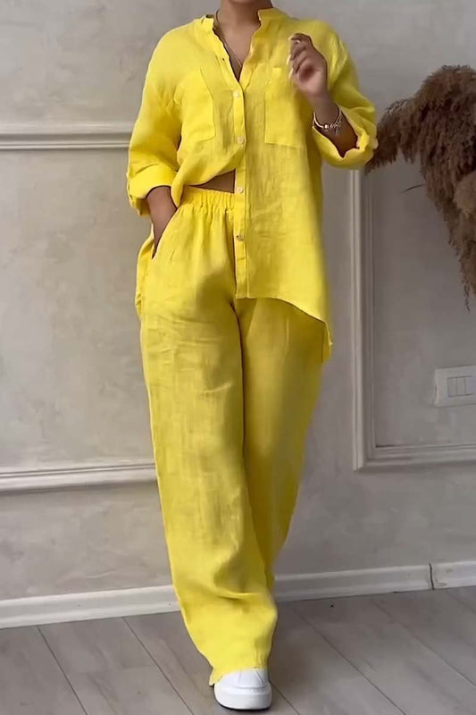 Color Cotton and Linen Pants Two-piece Set