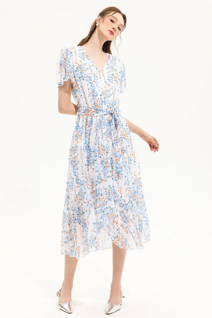V-neck Short Sleeve Midi Dress Yellow