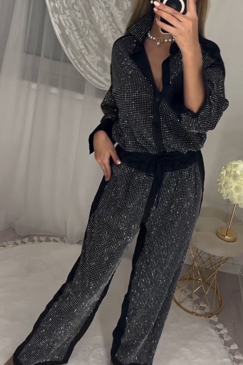 Stylish Diamond-embellished Top and Pants Two-piece Set