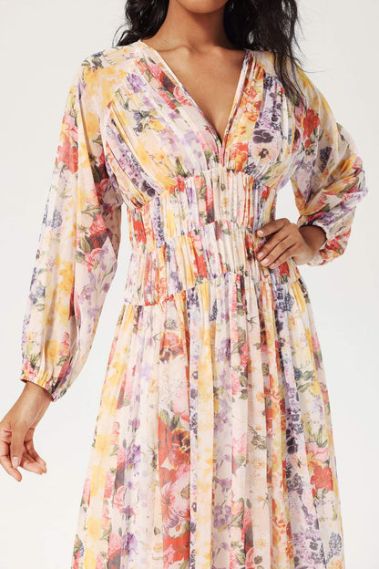 V-neck Lantern Sleeve Midi Dress