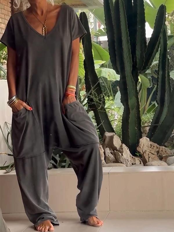V-neck Color Jumpsuit