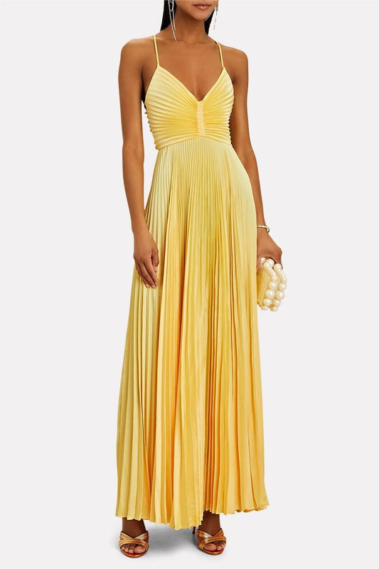 V-neck Pleated Lace Up Cami Maxi Dress