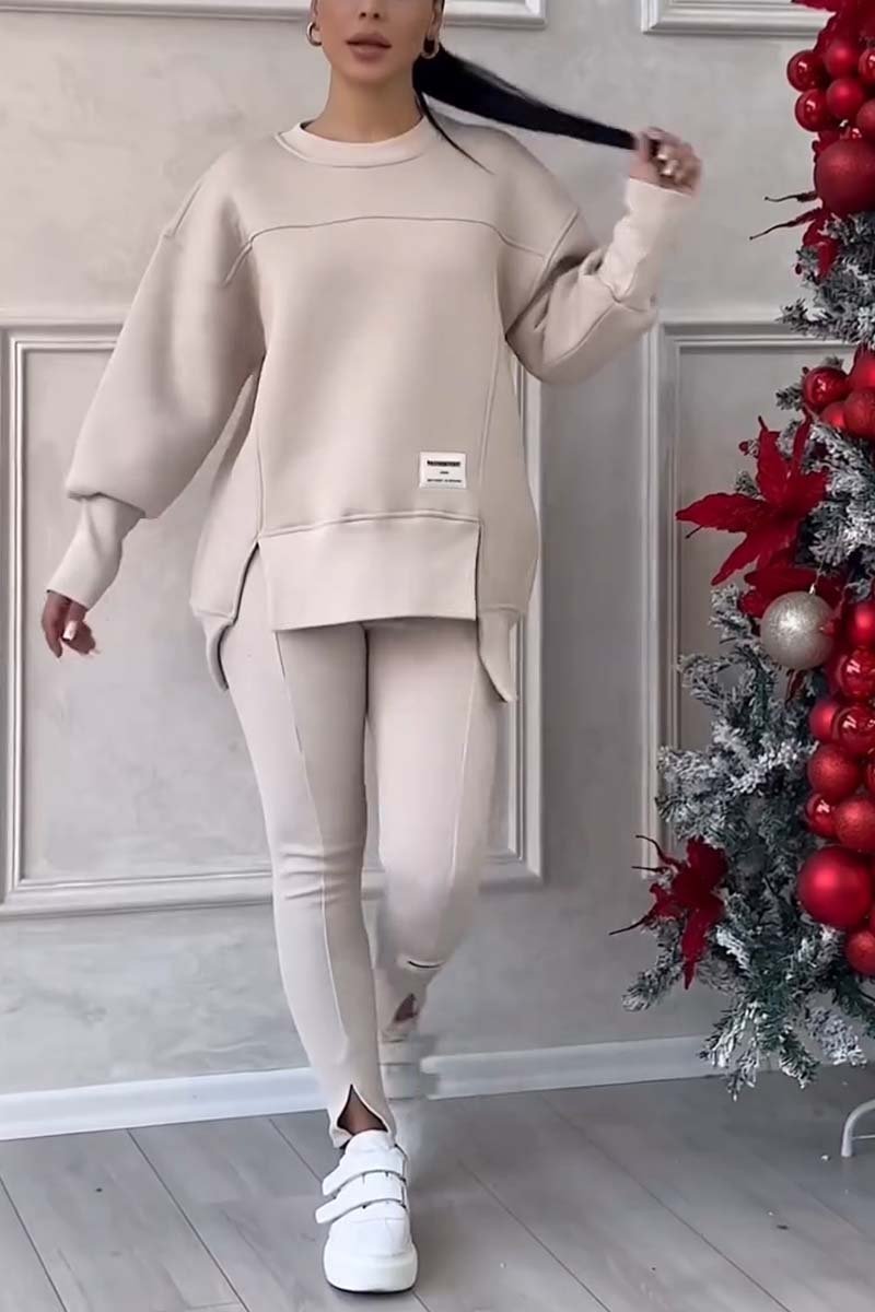 Color Round Neck Long Sleeve Slit Hem Sweatshirt Leggings Set