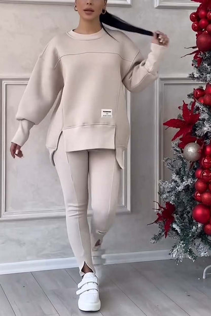 Color Round Neck Long Sleeve Slit Hem Sweatshirt Leggings Set