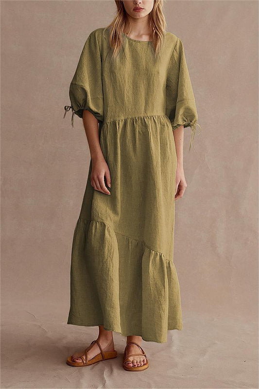 Lantern Sleeve Crew Collar Lace Up Maxi Dress