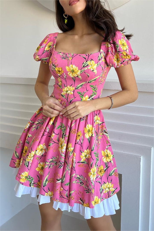Puff Sleeve Square Collar Mini Dress