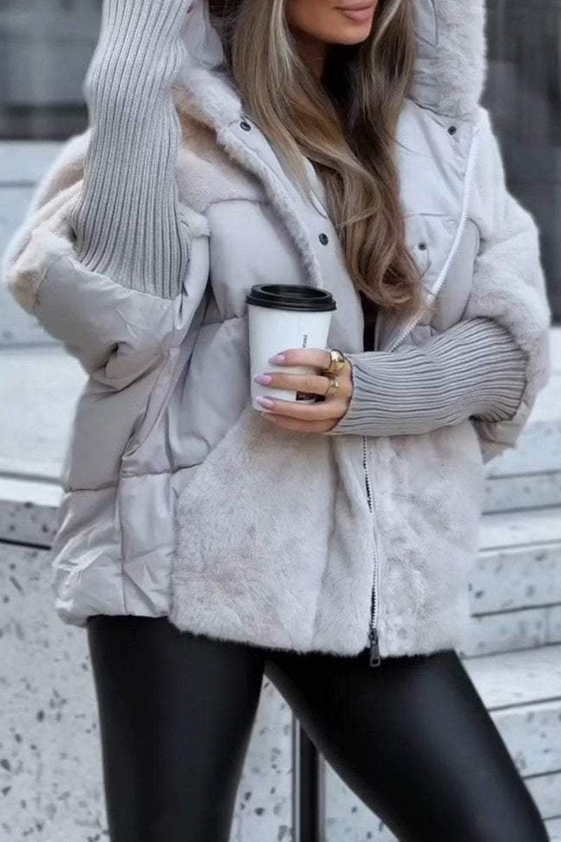 Hooded Long-sleeved Fur Patchwork Winter Coat