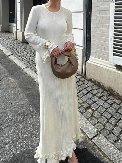 Trumpet Sleeves Rolled Hem Knitted Round Neck Maxi Dress