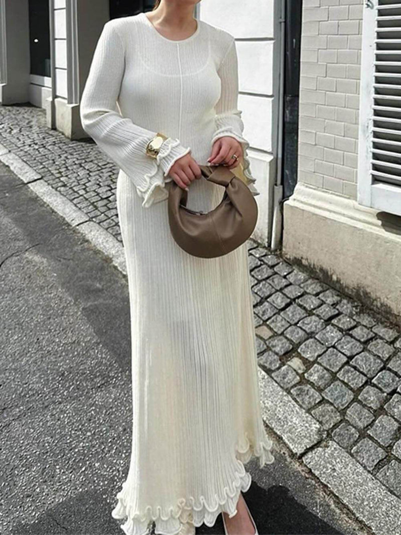 Trumpet Sleeves Rolled Hem Knitted Round Neck Maxi Dress