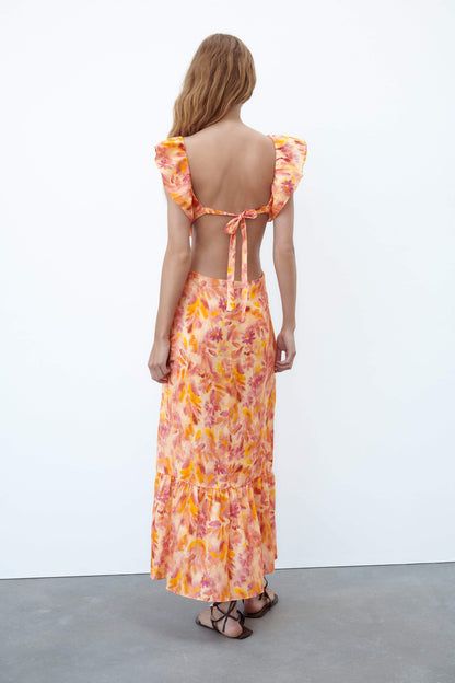 Cross Strap Ruffle Hem Midi Dress